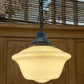 Rare 1930s Schoolhouse “Coolie” or “Stepped Cone” Shade Pendant Lights with Original Forged Iron Chain