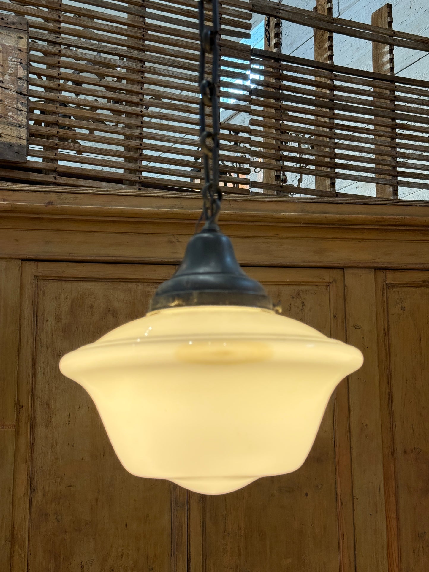 Rare 1930s Schoolhouse “Coolie” or “Stepped Cone” Shade Pendant Lights with Original Forged Iron Chain