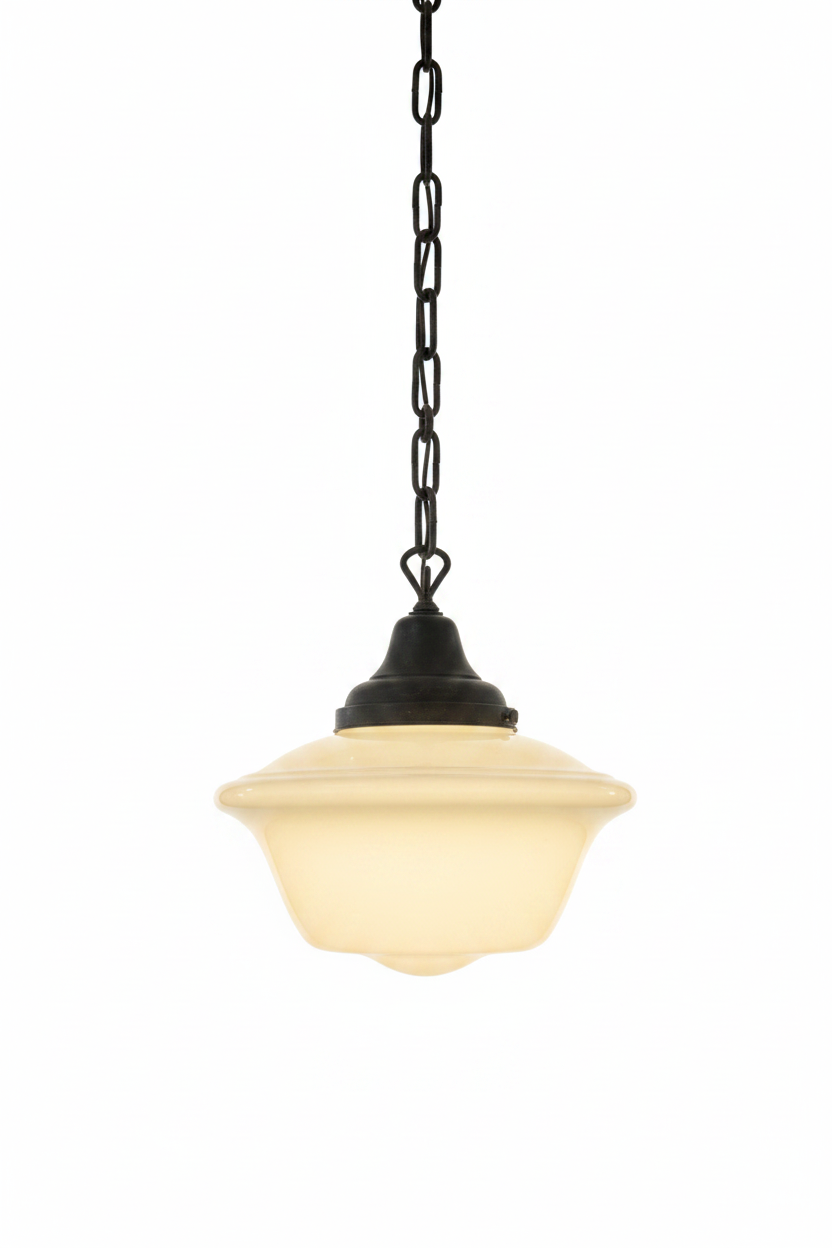 Rare 1930s Schoolhouse “Coolie” or “Stepped Cone” Shade Pendant Lights with Original Forged Iron Chain