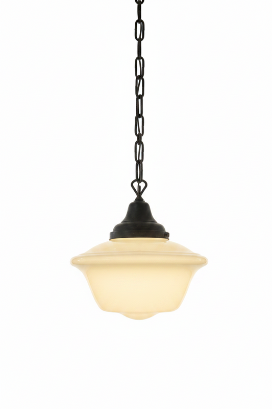 Rare 1930s Schoolhouse “Coolie” or “Stepped Cone” Shade Pendant Lights with Original Forged Iron Chain