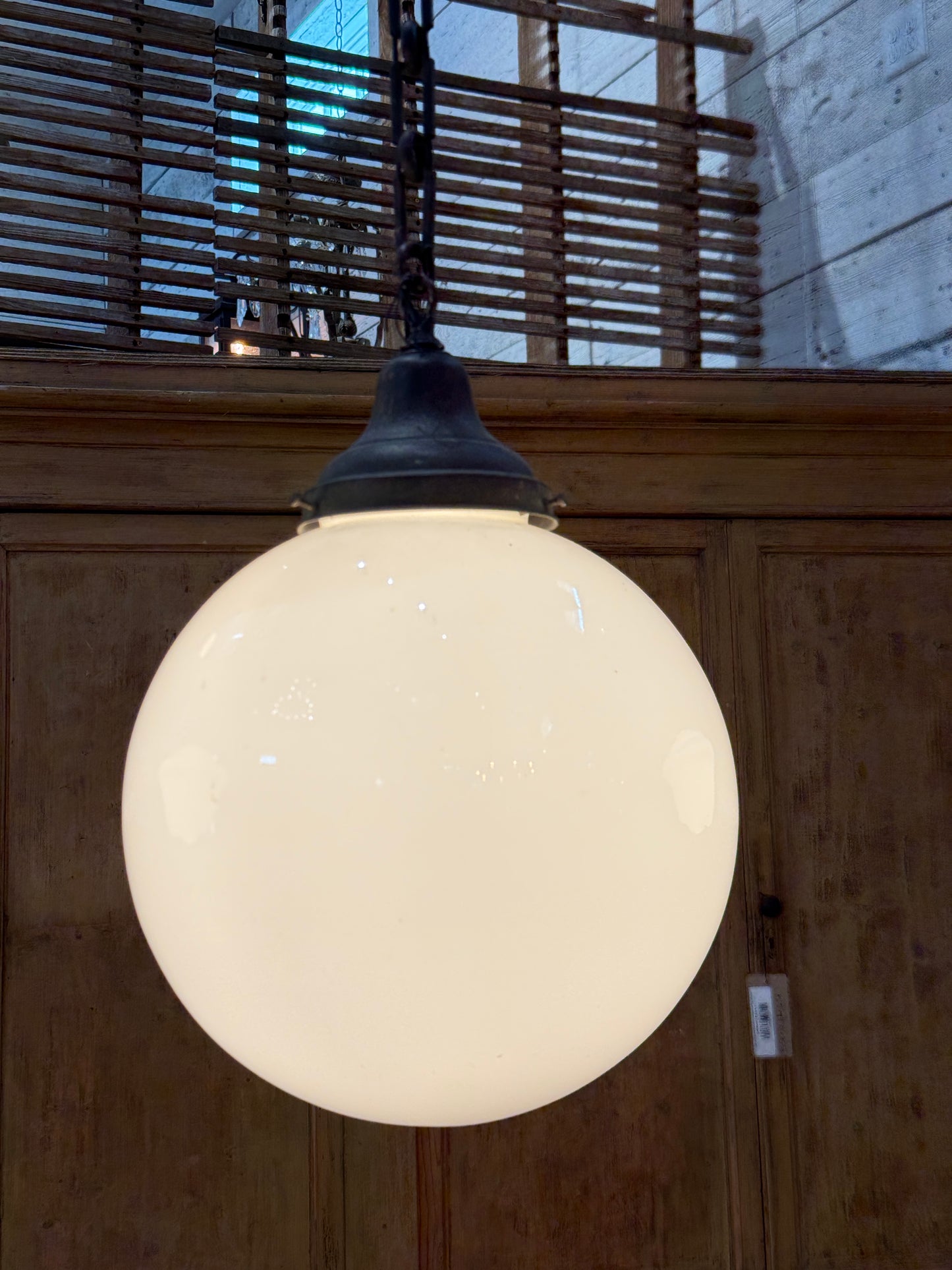 Rare 1930s Globe Schoolhouse Pendant Light with Original Forged Iron Chain