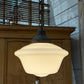 Rare 1930s Schoolhouse “Coolie” or “Stepped Cone” Shade Pendant Lights with Original Forged Iron Chain