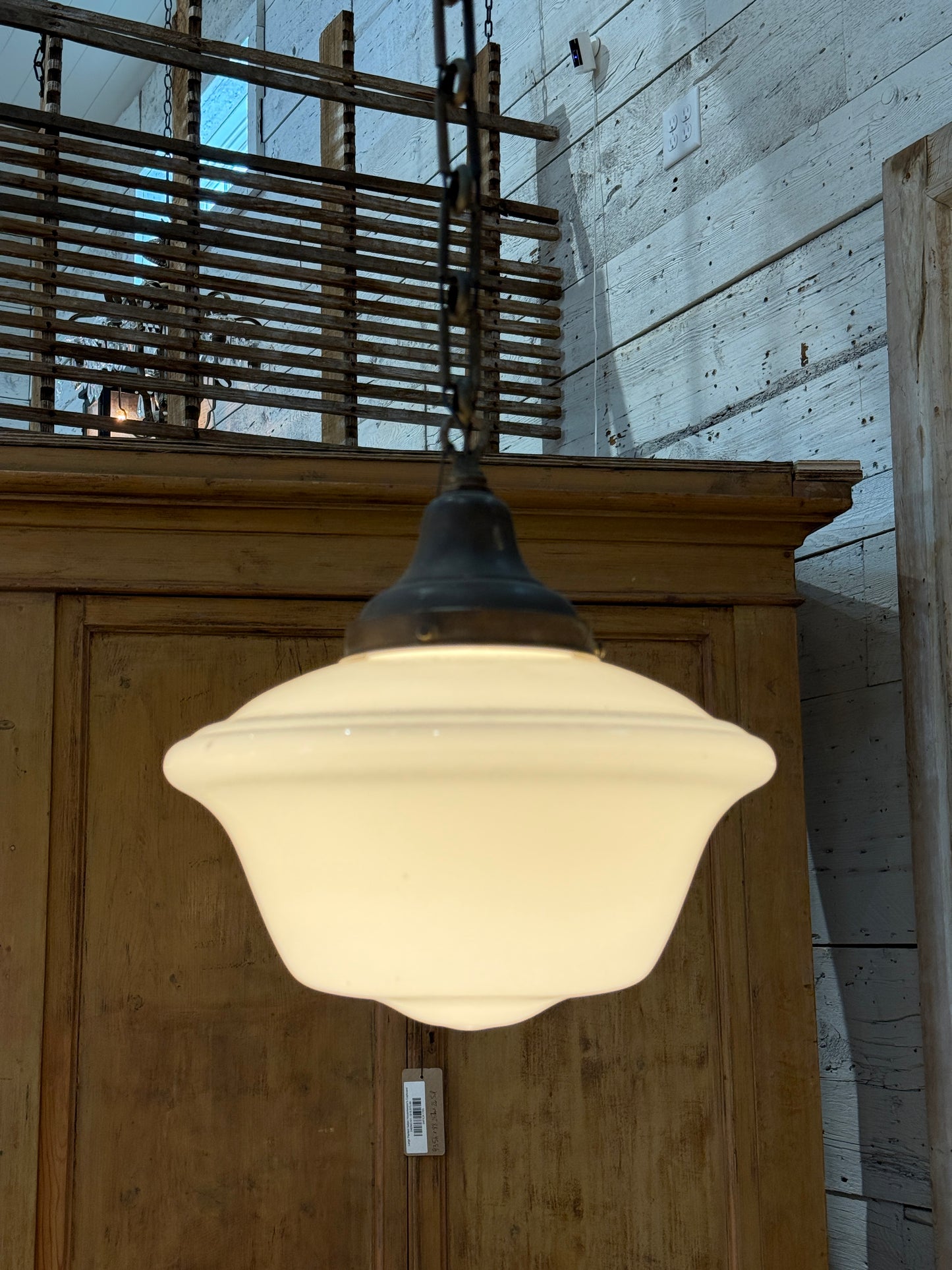 Rare 1930s Schoolhouse “Coolie” or “Stepped Cone” Shade Pendant Lights with Original Forged Iron Chain