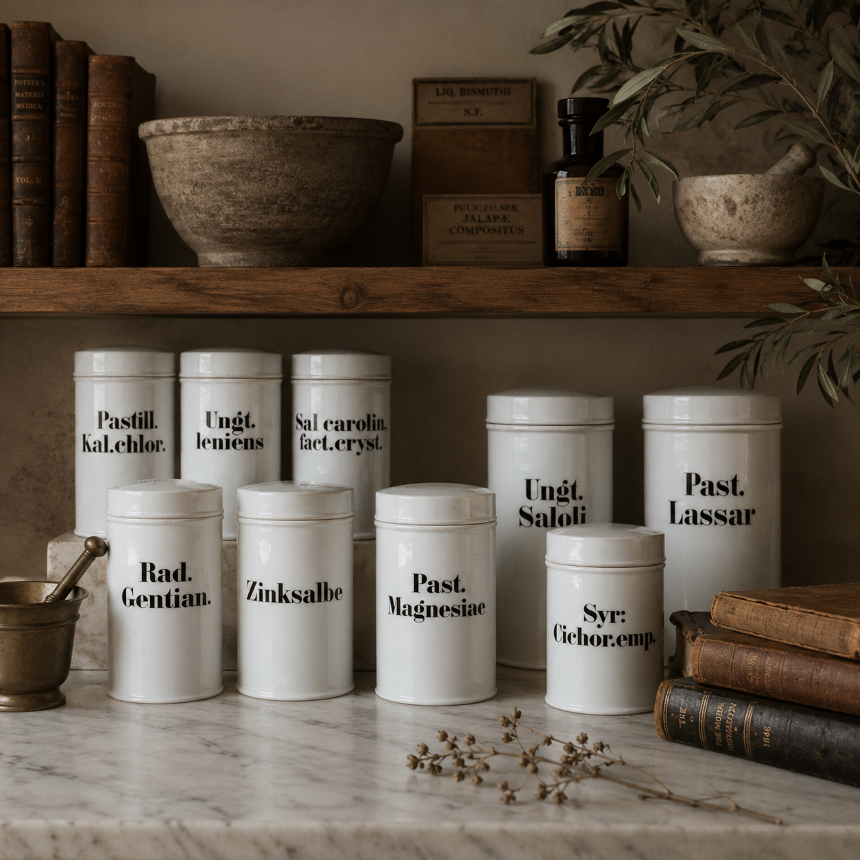 Late 19th to Early 20th Century Continental European Porcelain Apothecary Jars, Set of Ten