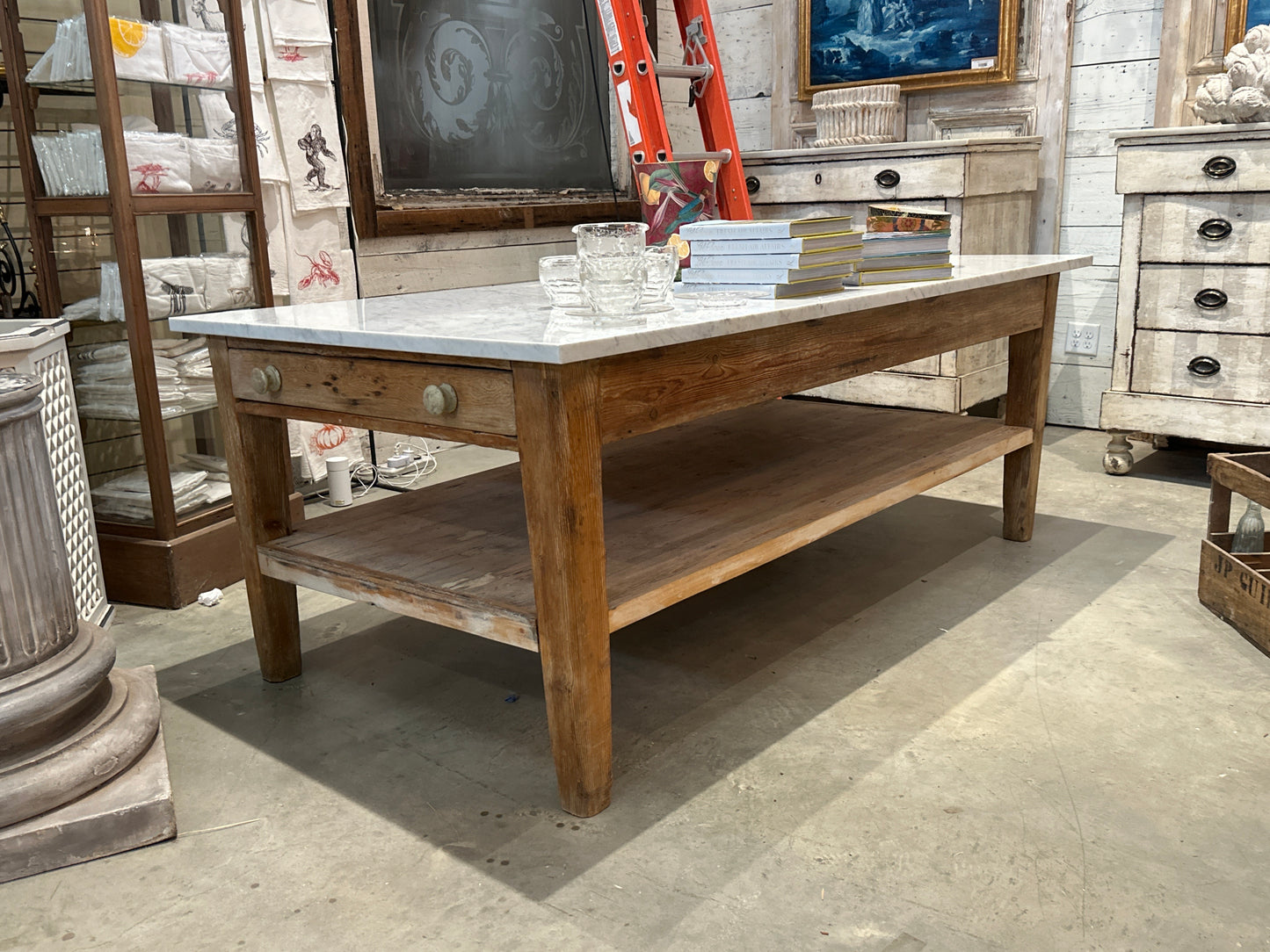 French Style Marble Top Console Table with Two Drawers