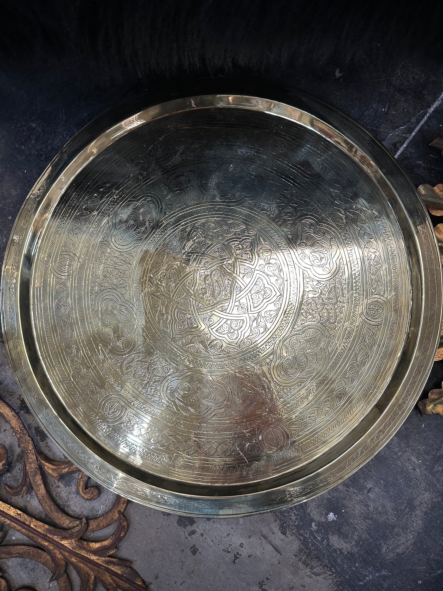 Early 20th Century Moorish-Patterned Brass Tray Table with Inlaid Wooden Base