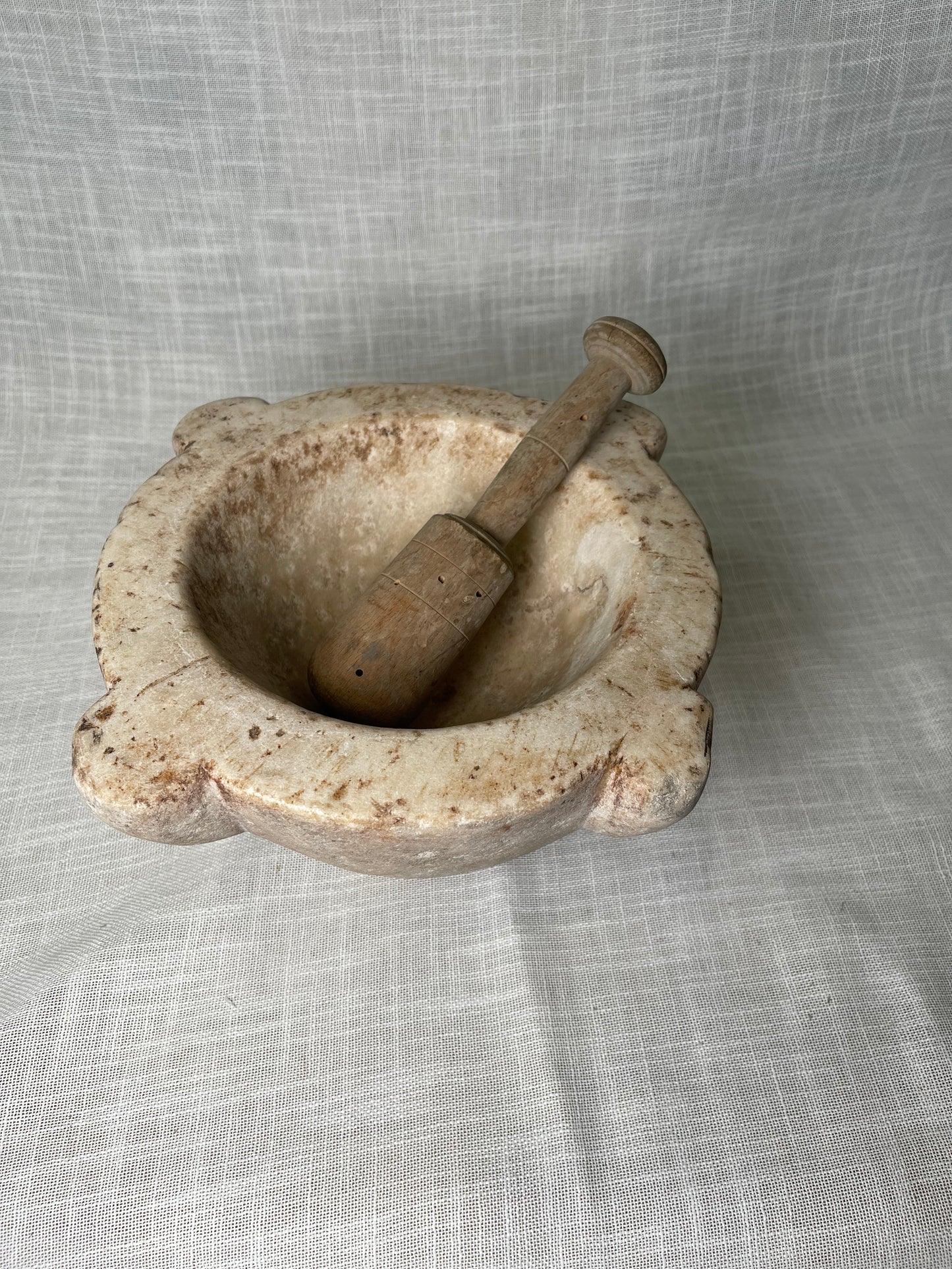 Vintage Marble Mortar and Wooden Pestle from Spain