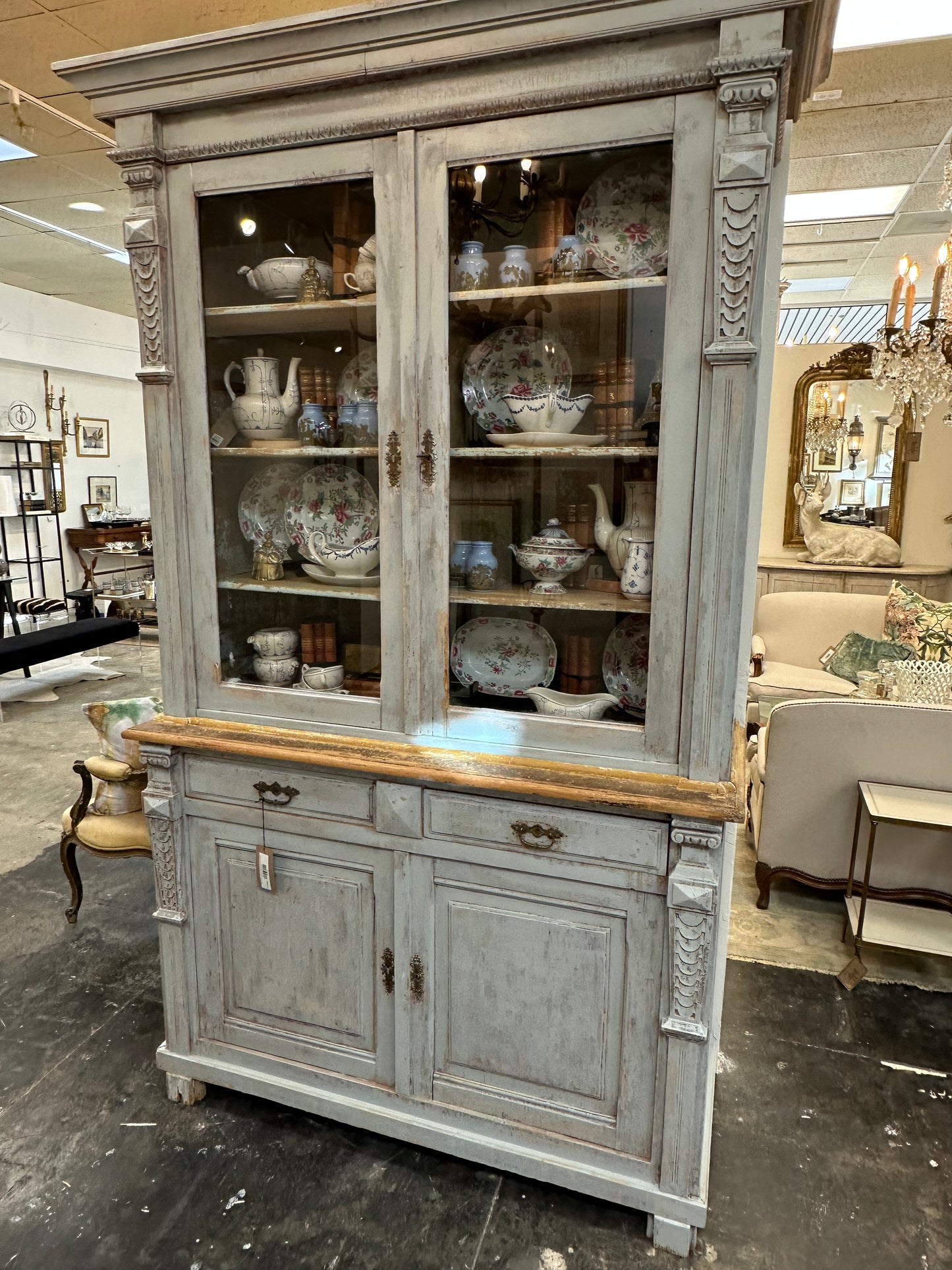Blue 2 piece French Cabinet with Glass Doors