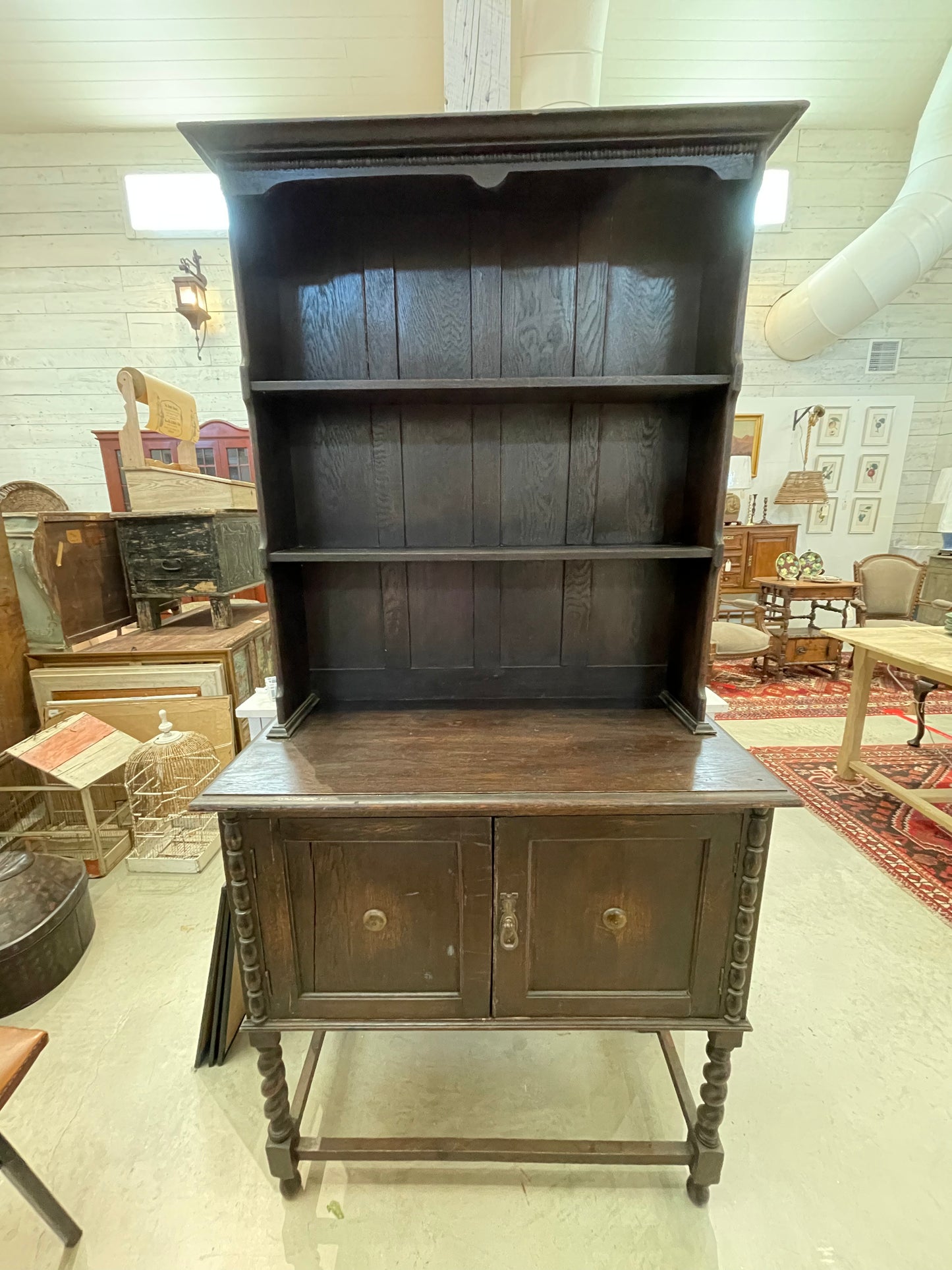 Antique English Oak Welsh Plate Dresser Sideboard Barley Twist Petite C. 1920s