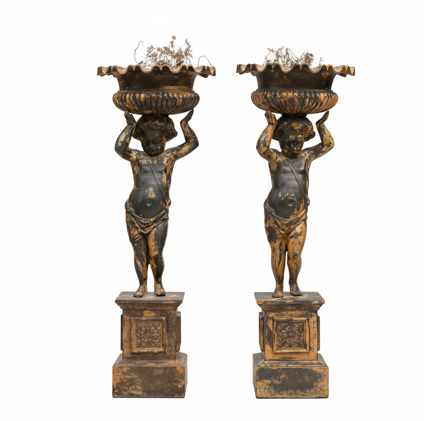 Cast Iron Garden Statues of Putti's Torchers