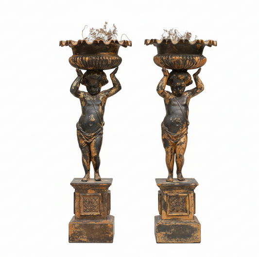 Cast Iron Garden Statues of Putti's Torchers