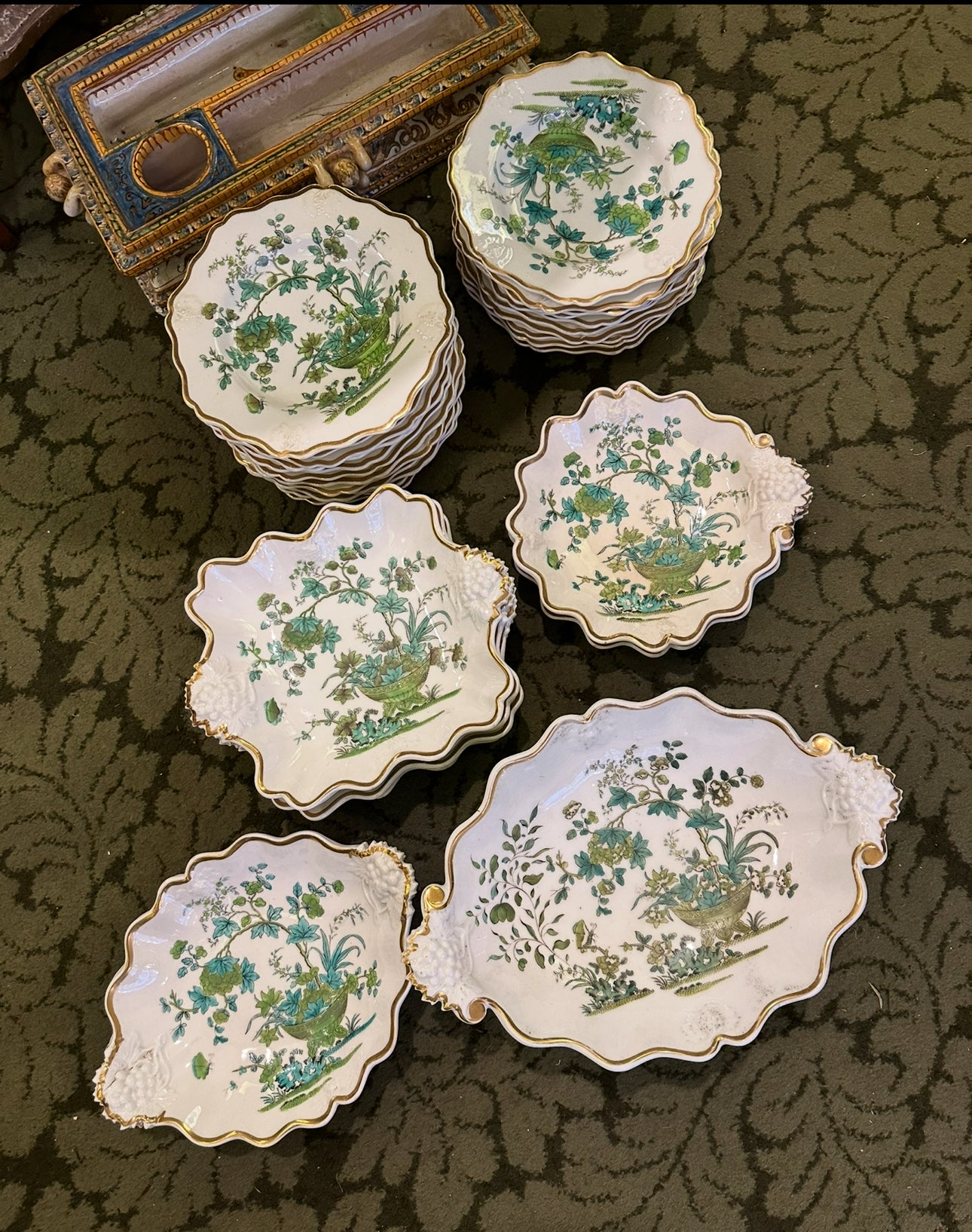 Regency-Era Ridgway Dessert Service – Circa 1820, Hand-Painted Botanical Design, Gilt Accents