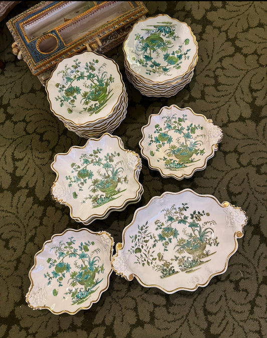 Regency-Era Ridgway Dessert Service – Circa 1820, Hand-Painted Botanical Design, Gilt Accents