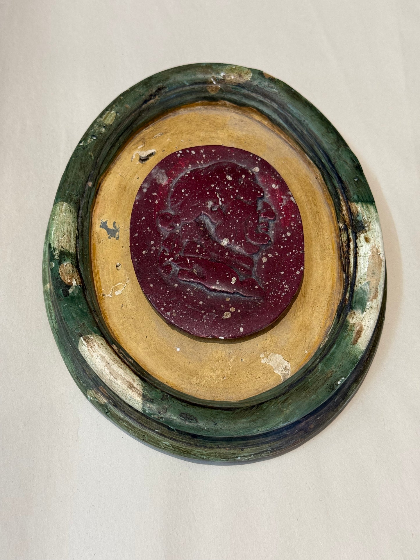 Large Plaster Intaglio with Burgundy Center and Green Frame