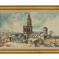 Framed painting of a cityscape with a prominent tower on a wooden wall.