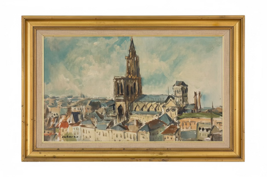 Framed painting of a cityscape with a prominent tower on a wooden wall.