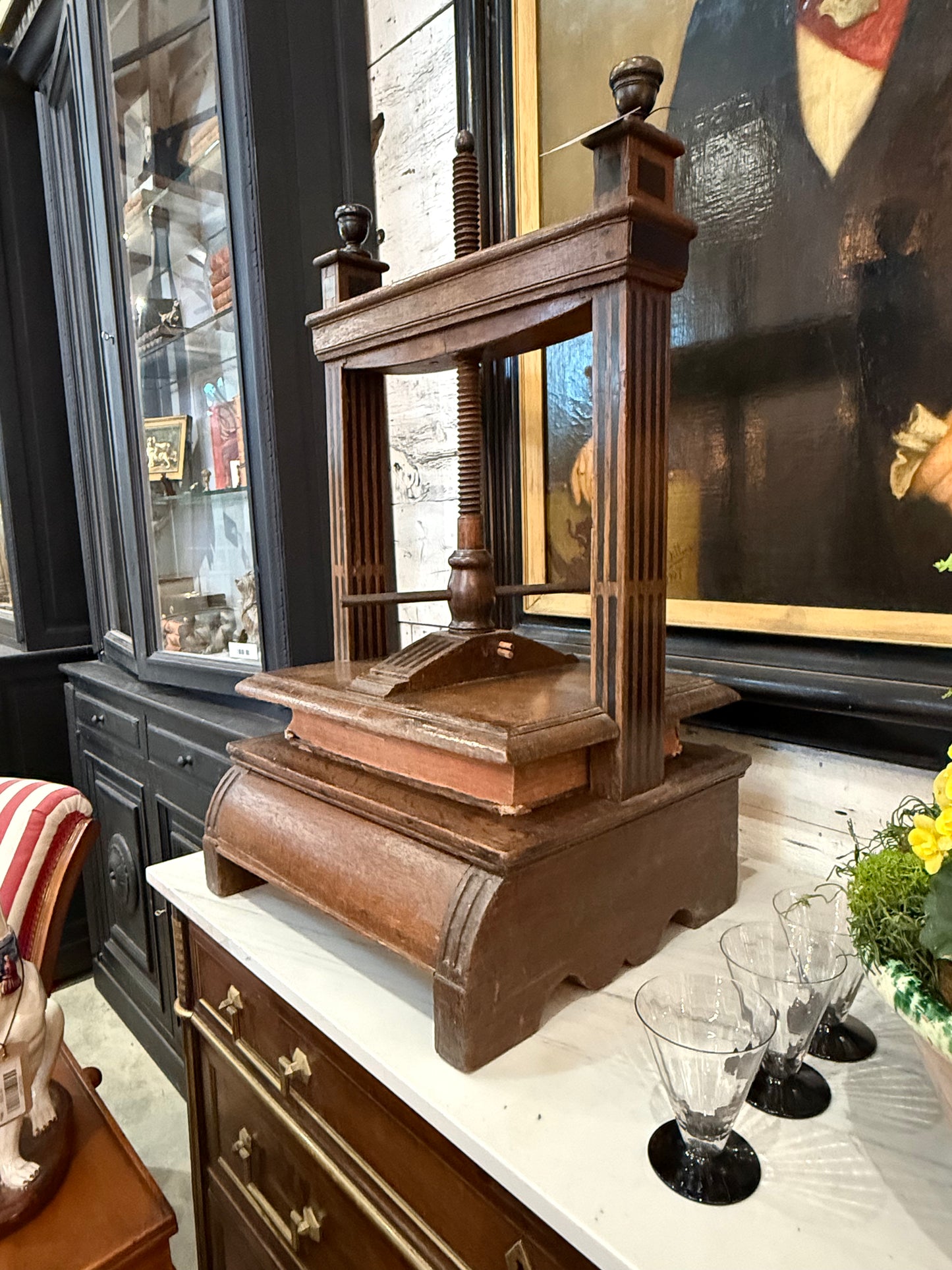 Wood Book Press with Turned Columns and Crank Handle