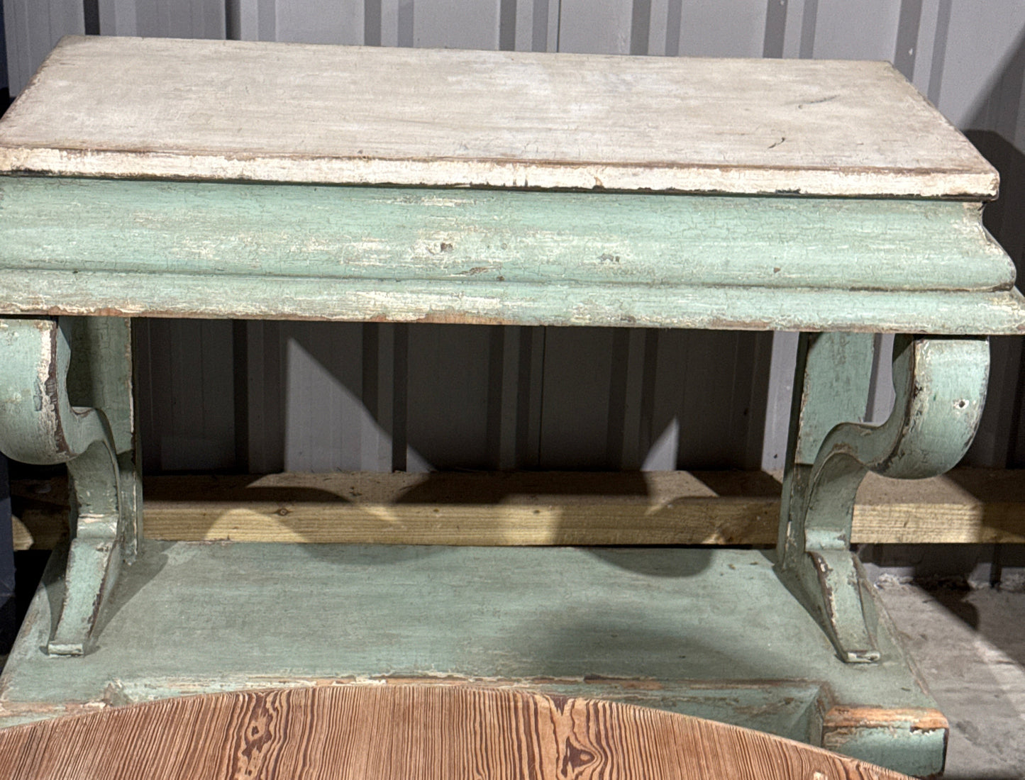 Green and Cream Antique Tuscan Console Table with Scrolled Legs