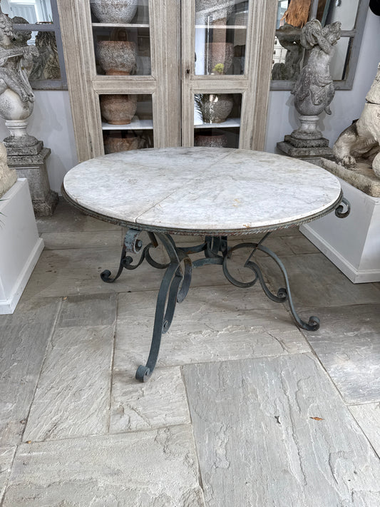 Art Deco Round 4 Piece Marble Top Table with Wrought Iron Base