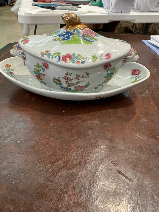 Spode Small Indian Tree Tureen with Lid and Staple Repaired Underplate