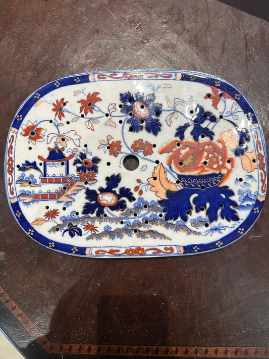 Antique Imari-Style Porcelain Drainer – Hand-Painted Floral & Pagoda Scene