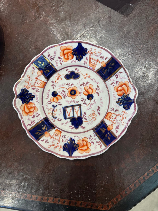 Antique English Imari-Style Cake Plate – Scalloped Edge, Cobalt & Iron Red