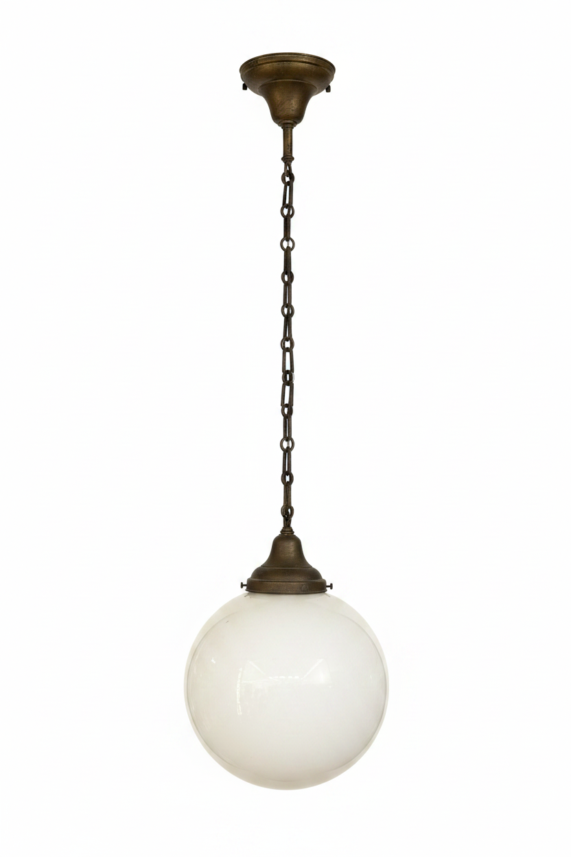 Rare 1930s Globe Schoolhouse Pendant Light with Original Forged Iron Chain