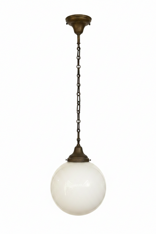 Rare 1930s Globe Schoolhouse Pendant Light with Original Forged Iron Chain