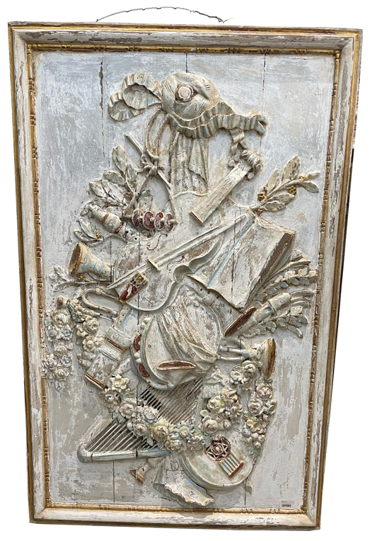 Original Painted Carved Limewood Panel Depicting Musical Instruments on a white background