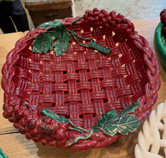Red Ceramic Basket with Leaves by Emile Tessier