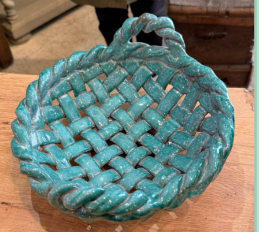 Emile Tessier Turquoise Majolica Woven Basket