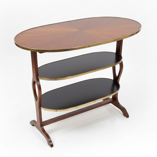 Wooden side table with three shelves on a red carpet