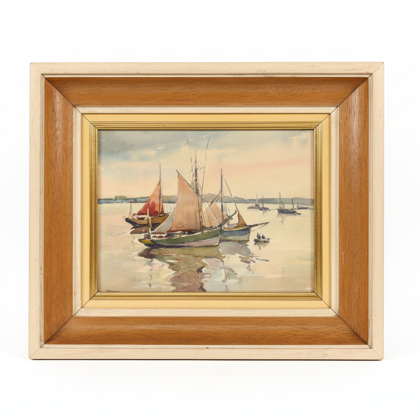 Framed painting of sailboats on a water scene