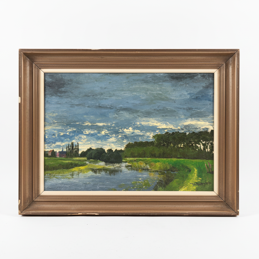 Framed landscape painting with a river and trees on a textured surface