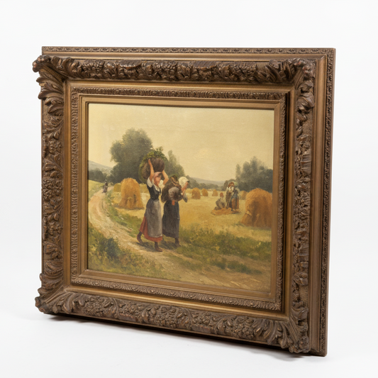 Vintage painting of a couple in a field with a decorative gold frame.