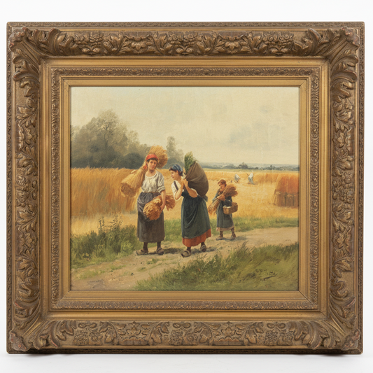 European Harvest Scene with Children Carrying Sheaves
