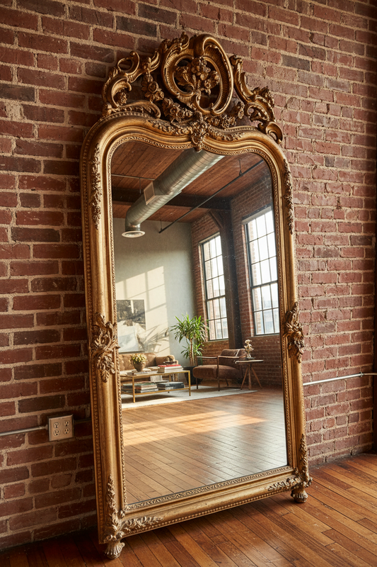 French Rococo Giltwood Mirror with Figural Crest