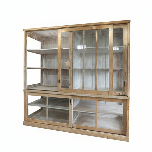 Wooden display cabinet with glass doors on a white background