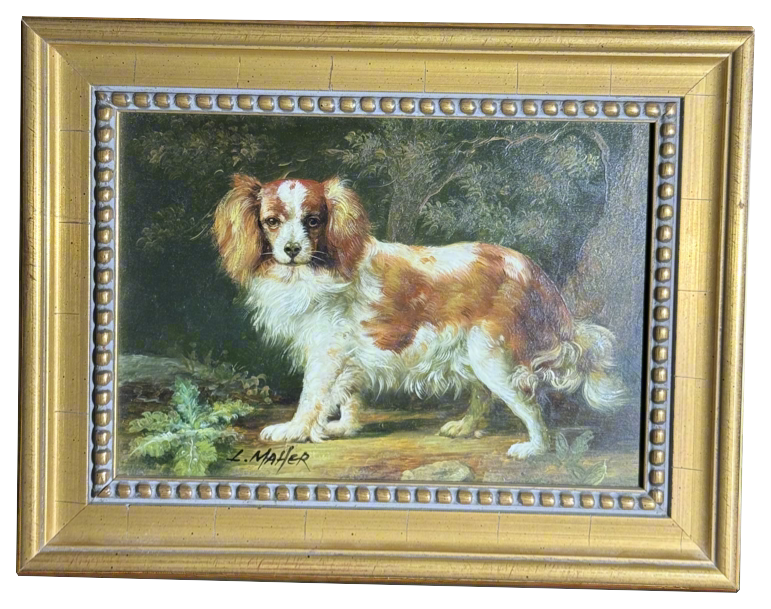 Small European School Oil on Board Signed L. Maher: King Charles Spaniel on a white background