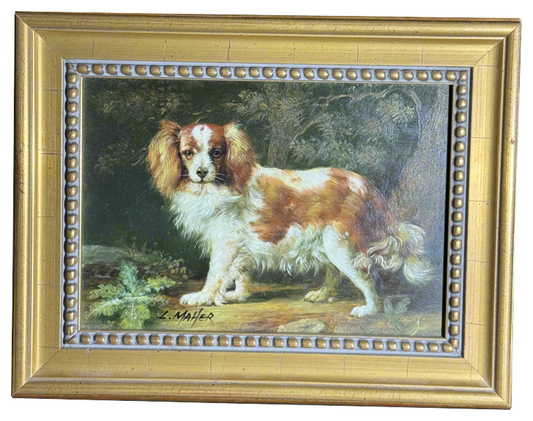 Small European School Oil on Board Signed L. Maher: King Charles Spaniel on a white background