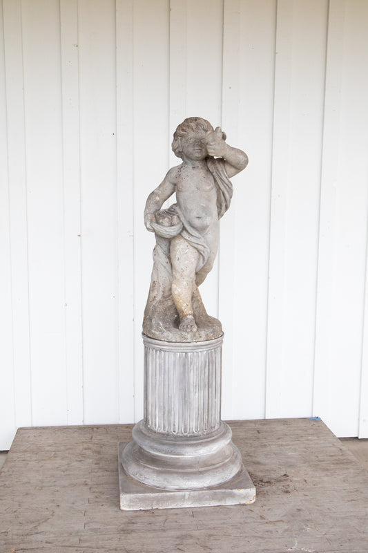 Concrete Cherub on wooden plinth