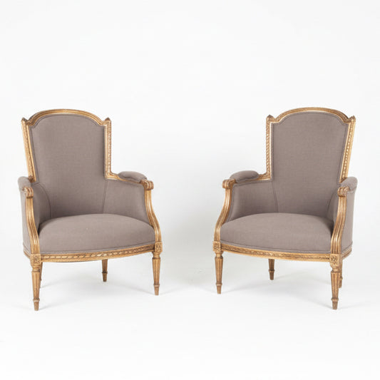 Reupholstered Louis XVI Style Gilt Bergere Armchair