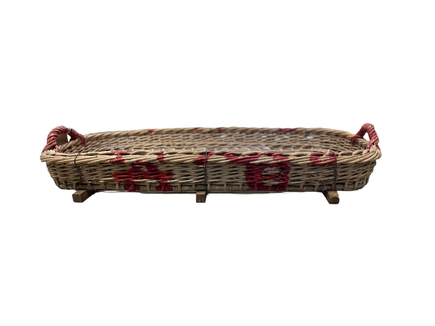 Grape Sorting Basket with Red Writing and Red Handles