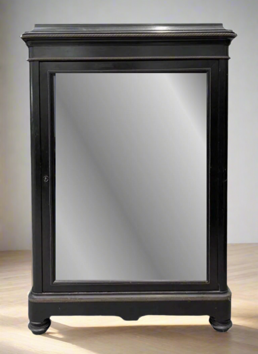 French Black Napoleon III Era Cabinet With Brass Inlay, Glass Door