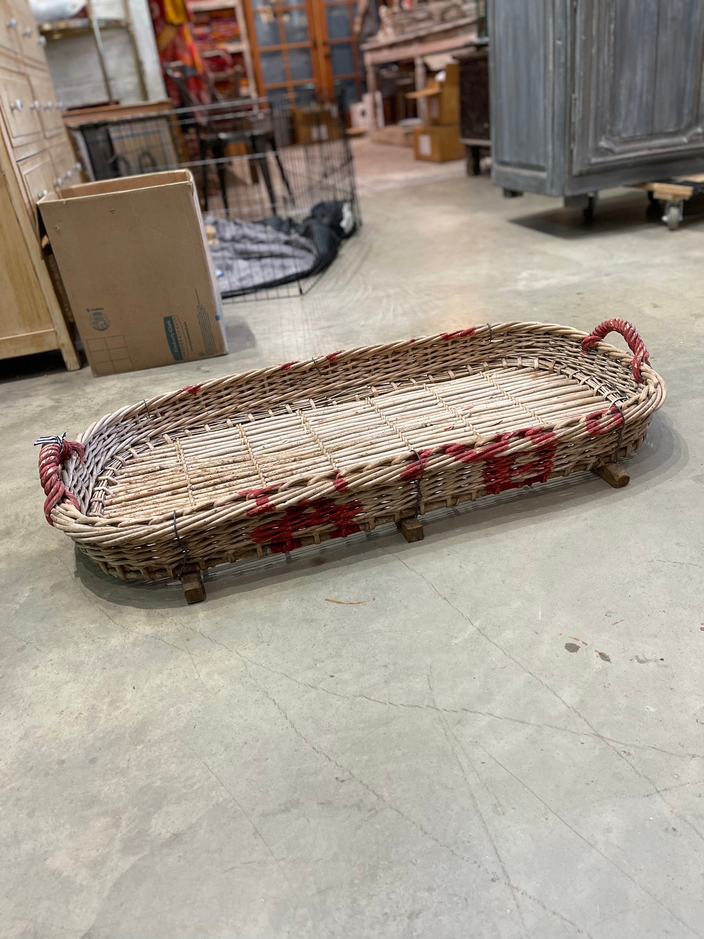Grape Sorting Basket with Red Writing and Red Handles