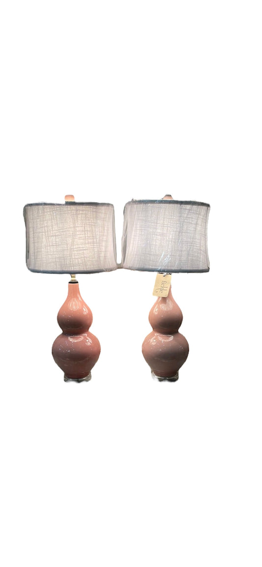 Dusty Rose Pink Double Gourd Lamps with White Shades on Acrylic Bases