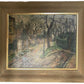 Mid-Century Artist Signed 1950 Oil on Canvas Park Man on Bicycle