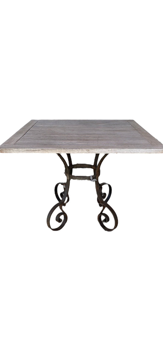 Wood Slatted Square Table with Scrolled Iron Base