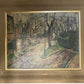 Mid-Century Artist Signed 1950 Oil on Canvas Park Man on Bicycle