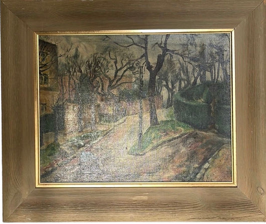 English Early 1900's Oil on Canvas Park Man on Bicycle